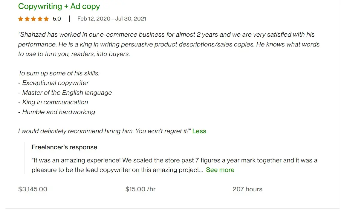 Client testimonial and review